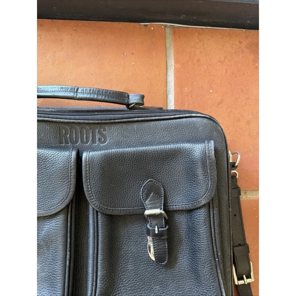 ROOTS Vintage Black Leather Canada Messenger Briefcase Sling Silver Buckles